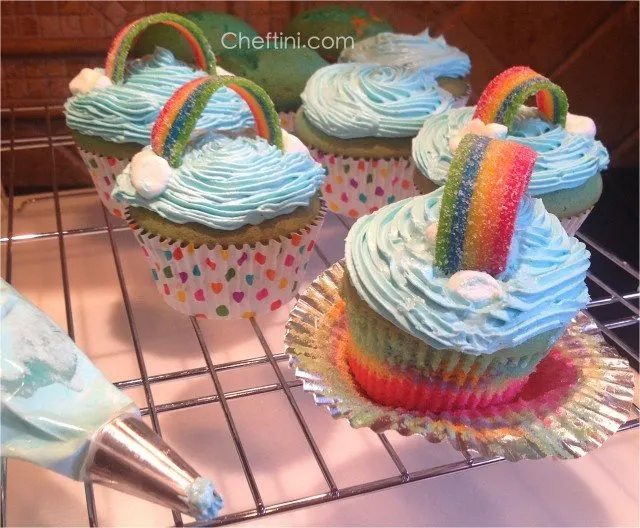 Rainbow Cupcakes with frosting, airhead extreme rainbow and marshmallow clouds
