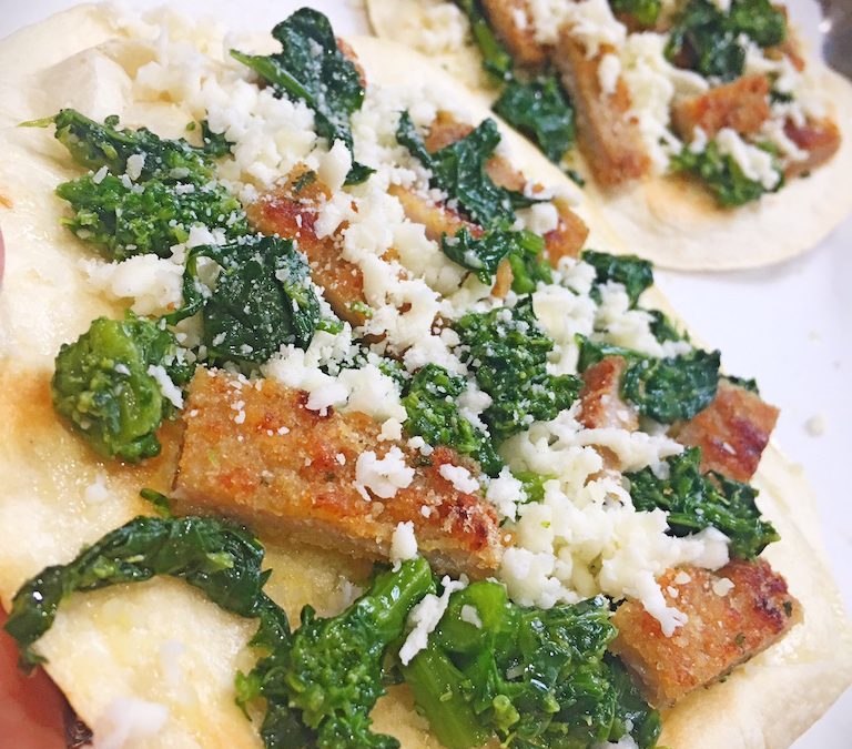 Pizza Tortillas with leftover Pork Cutlets and Broccoli Rabe
